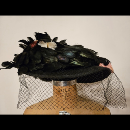 Edwardian Black Felt Hat with Veil & Silk Flowers by Bollman